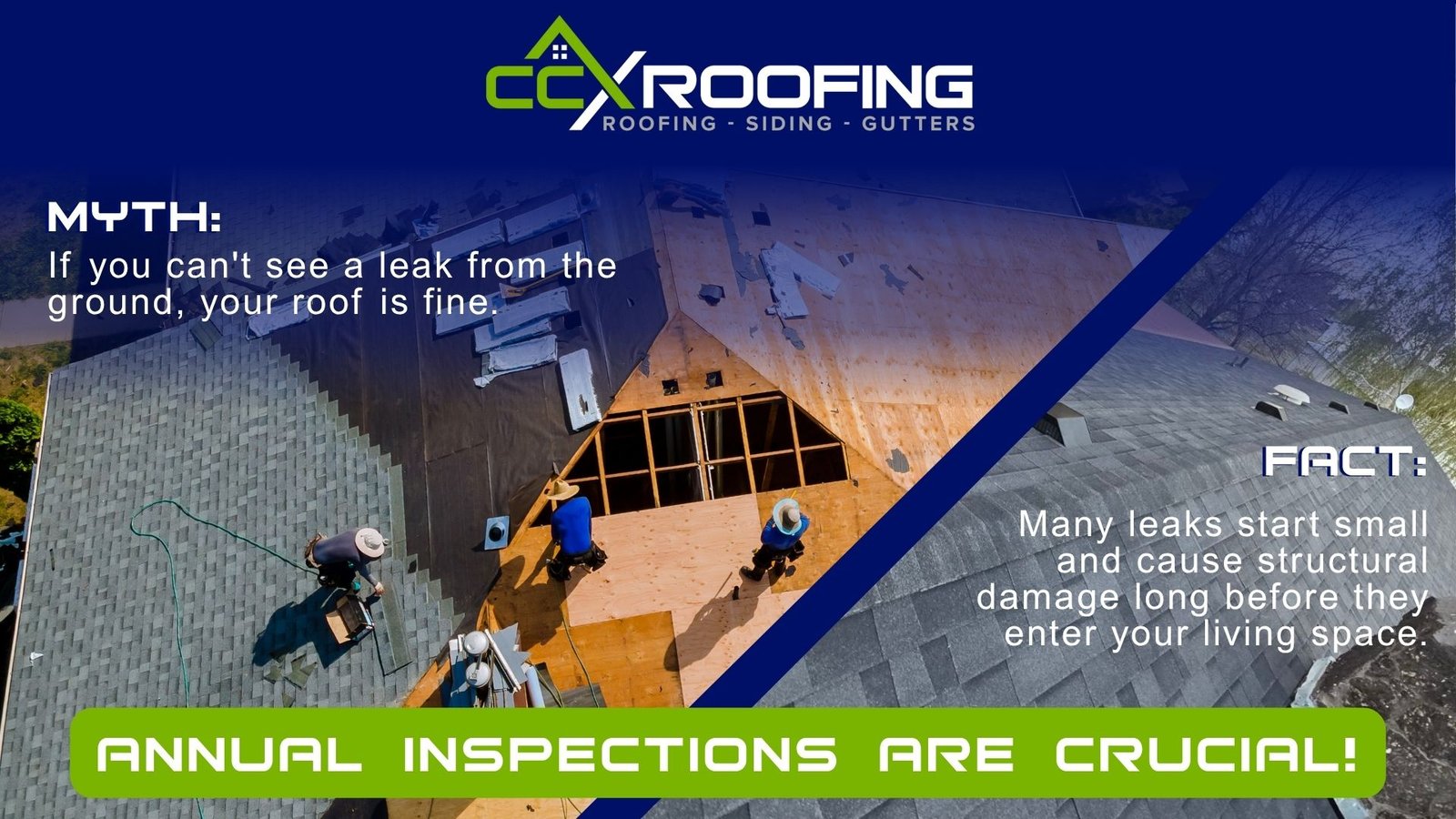 Aerial view of a residential roof replacement project by CCX Roofing showing workers installing shingles alongside a roofing myth vs fact message about hidden roof leaks and the importance of annual roof inspections.